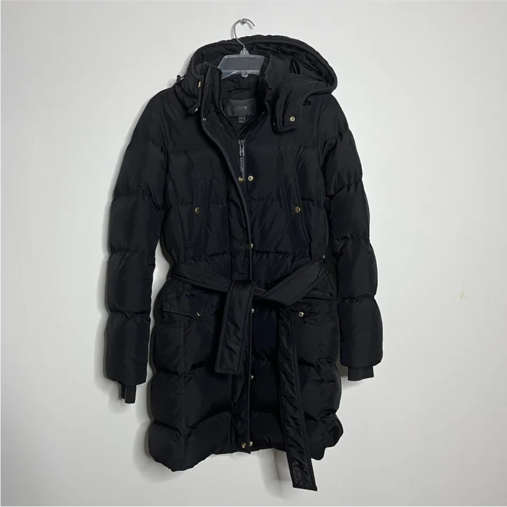 J Crew Down Long Coat Womens Belted Solid Black S